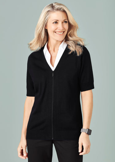 Biz Care Womens Zip Front Short Sleeve Knit Cardigan - Black