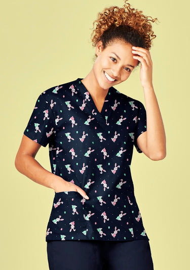 Biz Care Womens Easter V-Neck Short Sleeve Scrub Top - Midnight Navy