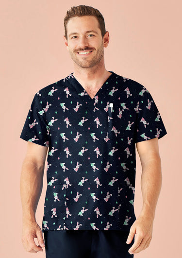 Biz Care Mens Easter V-Neck Short Sleeve Scrub Top - Midnight Navy