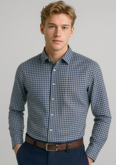 Mens Noah Long Sleeve Shirt - Storm Blue/White Check