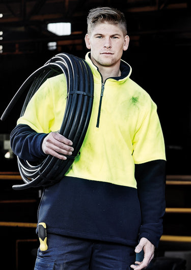 Unisex Hi Vis 1/2 Zip Polar Fleece Pullover - Yellow/Navy