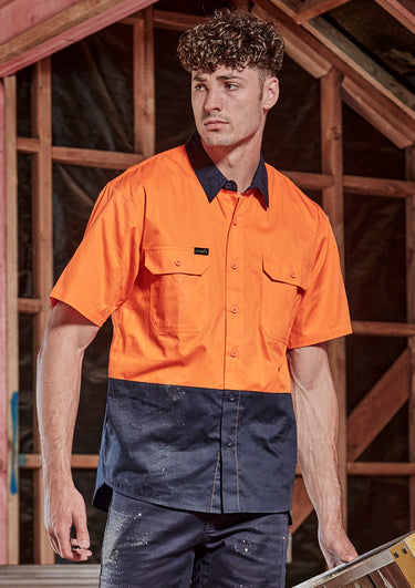 Mens Hi Vis Short Sleeve Shirt - Orange/Navy