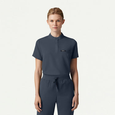 Jaanuu Savi Tuck-In Stand-Collar Scrub Top - Carbon Gray
